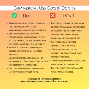 May include: A graphic with the text "COMMERCIAL USE DO'S & DON'TS" on a gradient background. It lists what is allowed and not allowed when using a product, including changing colors, fonts, and selling as a PDF.