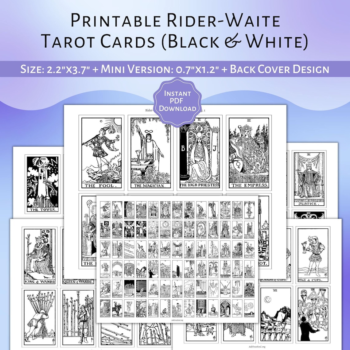 PRINTABLE Riderwaite Tarot Cards black & White Printable Etsy