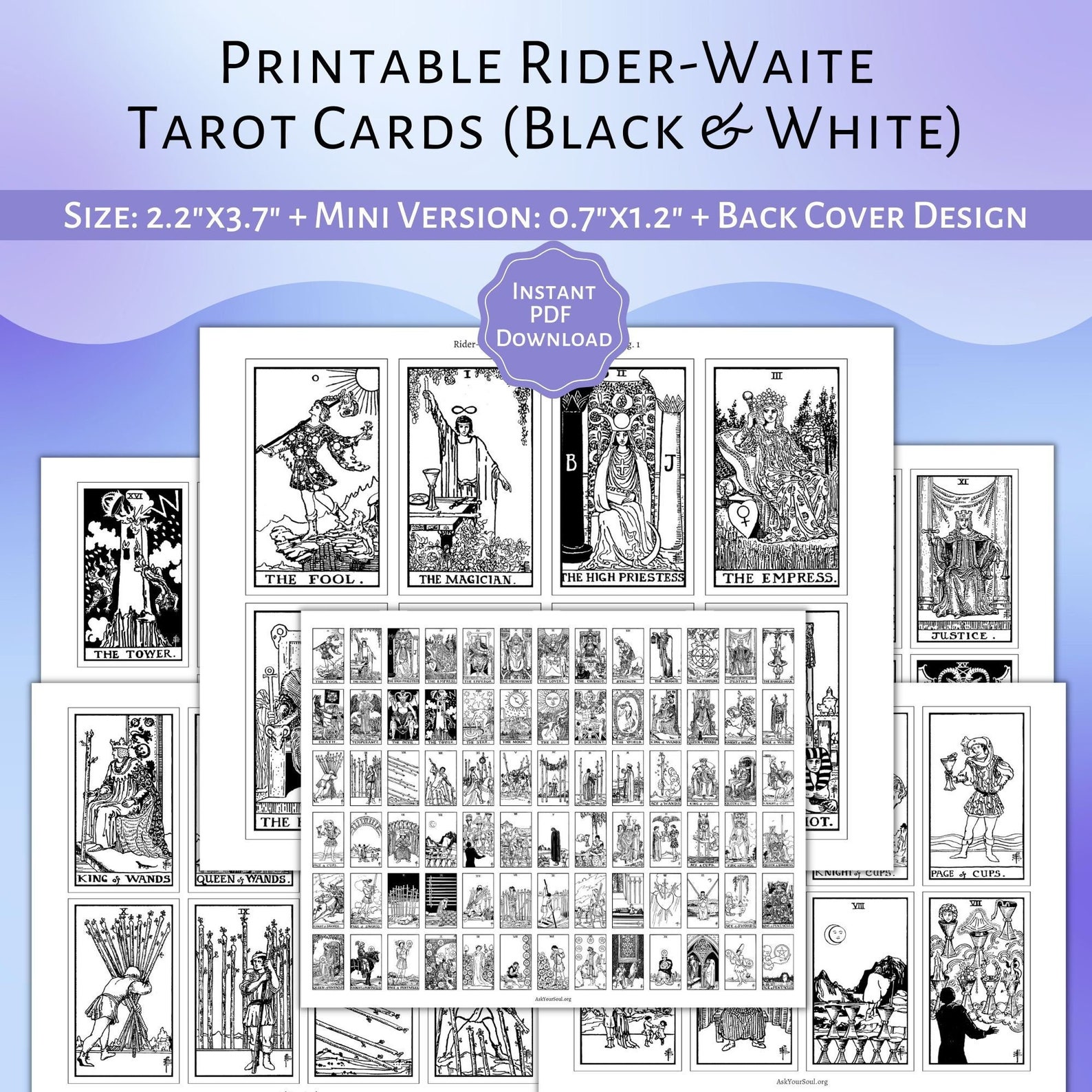 PRINTABLE Rider-waite Tarot Cards black &amp; White Printable Card Deck PDF Tarot Mini-version ...