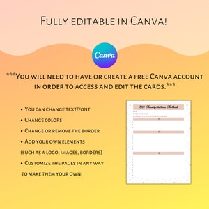 May include: Digital template with a gradient background and the Canva logo. Text includes "FULLY EDITABLE IN CANVA!" and instructions on editing the template. A pink and white 369 Manifestation Method worksheet is also shown.