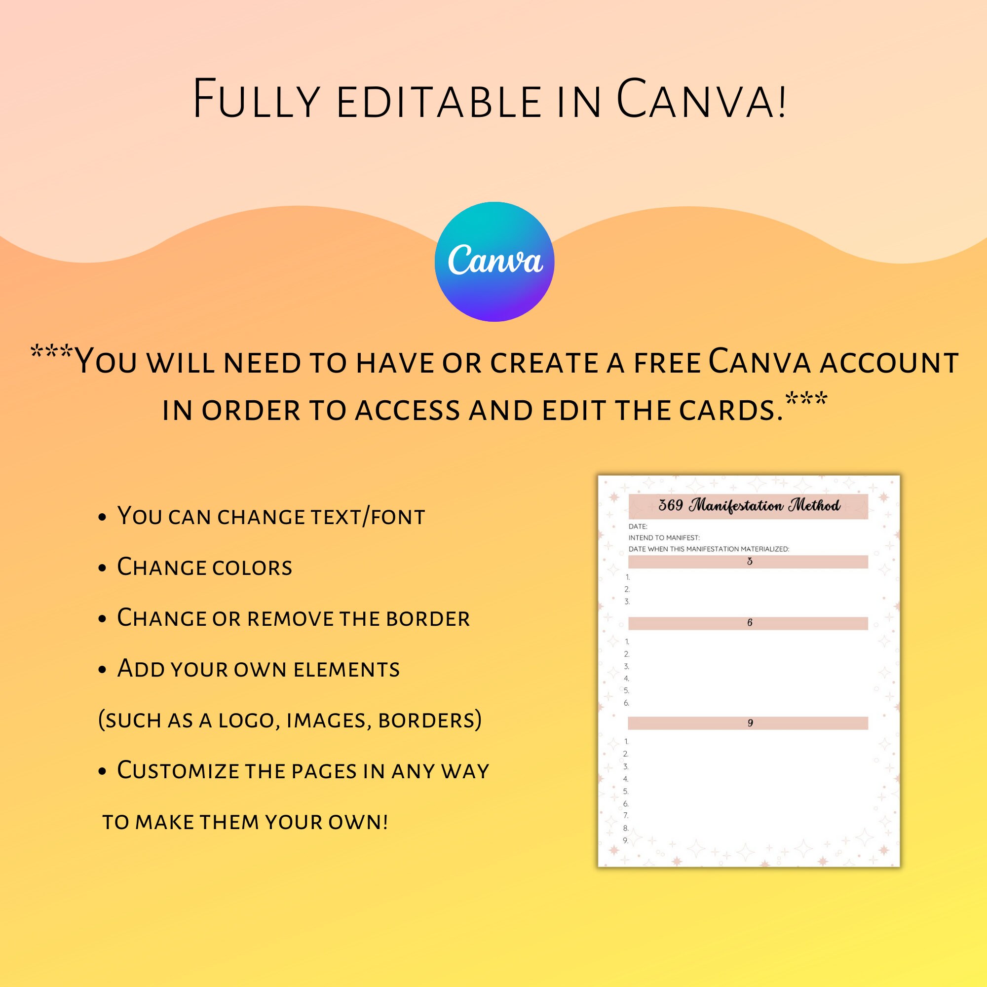 Editable & Printable 369 Method Template Canva Template Commercial Use
