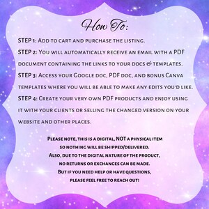 May include: A pink and purple galaxy-themed digital download guide with instructions on how to access and use digital templates. The text reads "How To:" and lists four steps. The text also includes a note that this is a digital product and no physical item will be shipped.