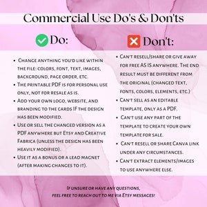 Peut inclure: Un graphique rose et blanc avec une liste de choses &agrave; faire et &agrave; ne pas faire pour l'utilisation commerciale de produits num&eacute;riques. La liste comprend des informations sur la modification des couleurs, des polices et du texte, l'ajout de logos et l'utilisation du produit comme un aimant principal. La liste comprend &eacute;galement des informations sur la non-revente ou le partage du produit gratuitement, la non-vente en tant que mod&egrave;le modifiable et l'extraction d'&eacute;l&eacute;ments ou d'images &agrave; utiliser ailleurs.