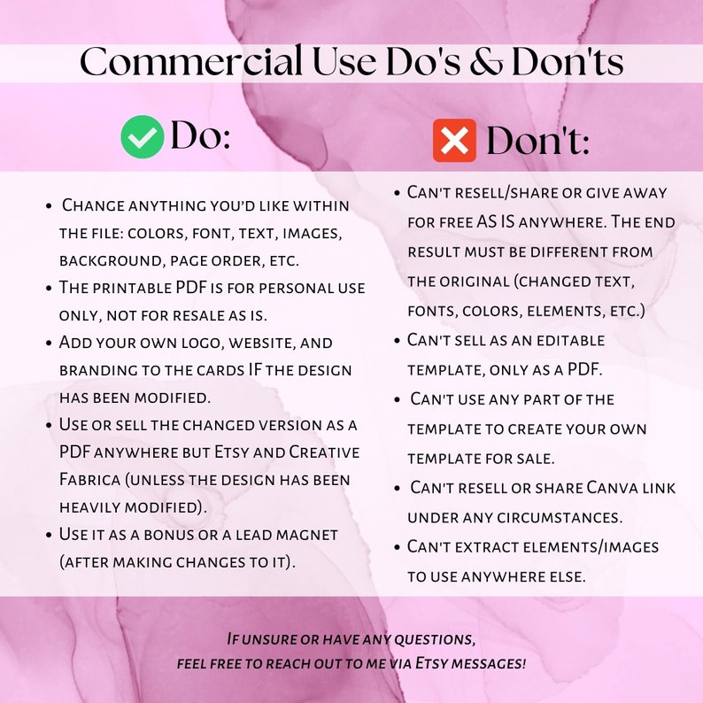 Peut inclure: Un graphique rose et blanc avec une liste de choses &agrave; faire et &agrave; ne pas faire pour l'utilisation commerciale de produits num&eacute;riques. La liste comprend des informations sur la modification des couleurs, des polices et du texte, l'ajout de logos et l'utilisation du produit comme un aimant principal. La liste comprend &eacute;galement des informations sur la non-revente ou le partage du produit gratuitement, la non-vente en tant que mod&egrave;le modifiable et l'extraction d'&eacute;l&eacute;ments ou d'images &agrave; utiliser ailleurs.