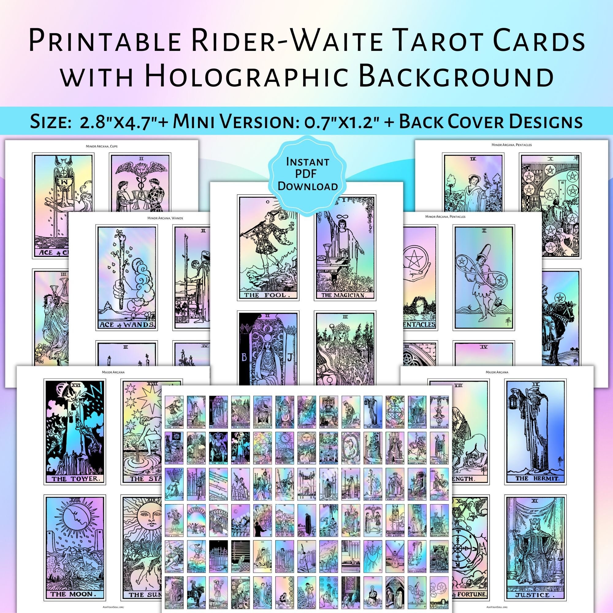 PRINTABLE Rider-waite Tarot Cards (holographic Background)| Printable ...