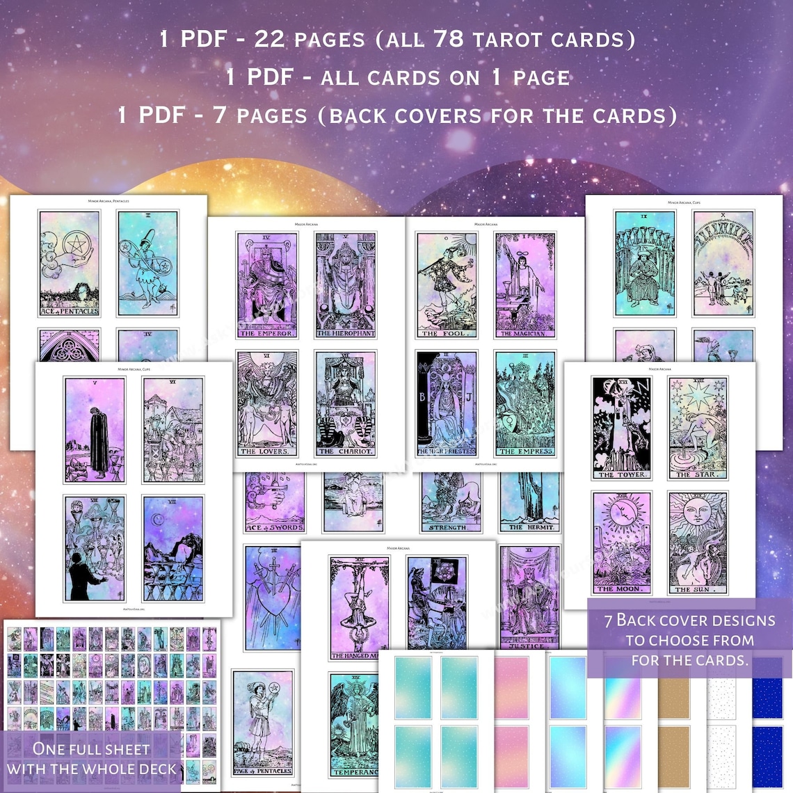 PRINTABLE Galaxy Tarot Cards & Cheat Sheets Keywords PDF Learn Rider Waite Smith Tarot Cards