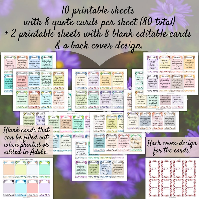 May include: Printable quote cards with floral designs. There are 10 sheets with 8 cards per sheet, 2 sheets with 8 blank cards, and a back cover design. The cards can be printed or edited in Adobe.