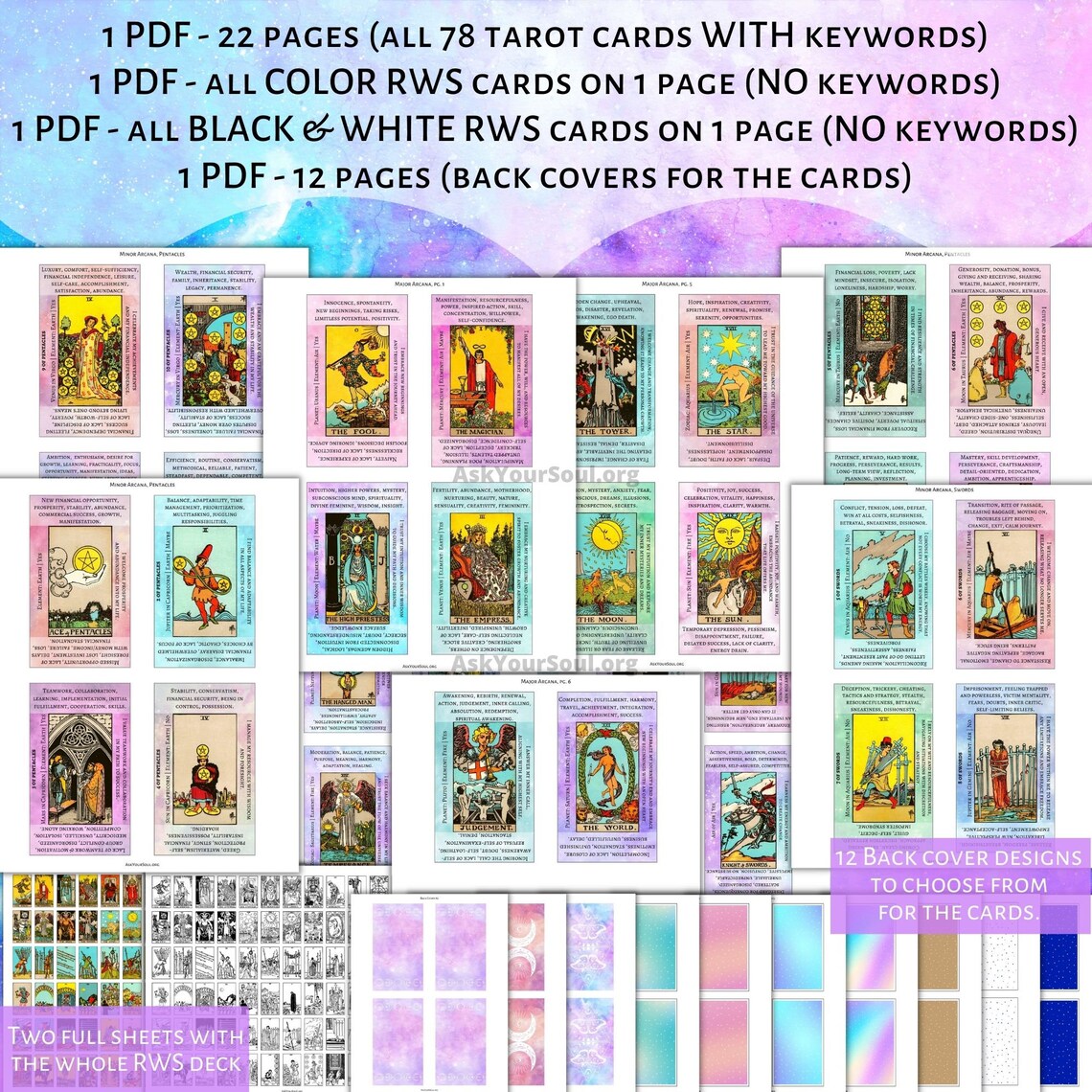 PRINTABLE Rider-waite Tarot Cards With Keywords PDF Galaxy Background ...