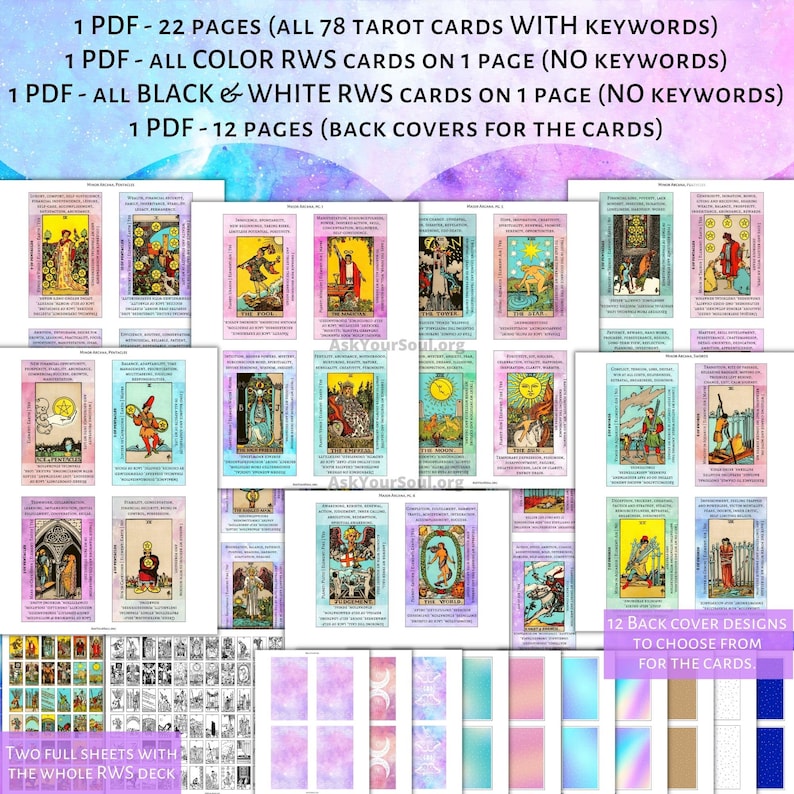 PRINTABLE Rider-waite Tarot Cards With Keywords PDF Galaxy Background Upright and Reversed ...