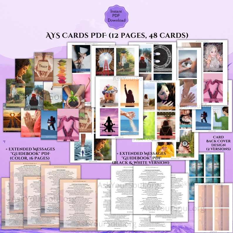 May include: A collection of spiritual cards and guidebooks, featuring images of nature, people, and inspirational messages. The text includes "AYS CARDS PDF," "Instant PDF Download," and "AskYourSoul.org."