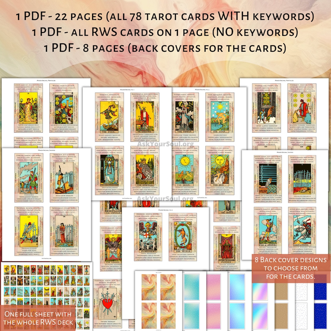 PRINTABLE Rider-waite Tarot Cards With Keywords PDF Upright and Reversed Meanings Tarot Beginner ...