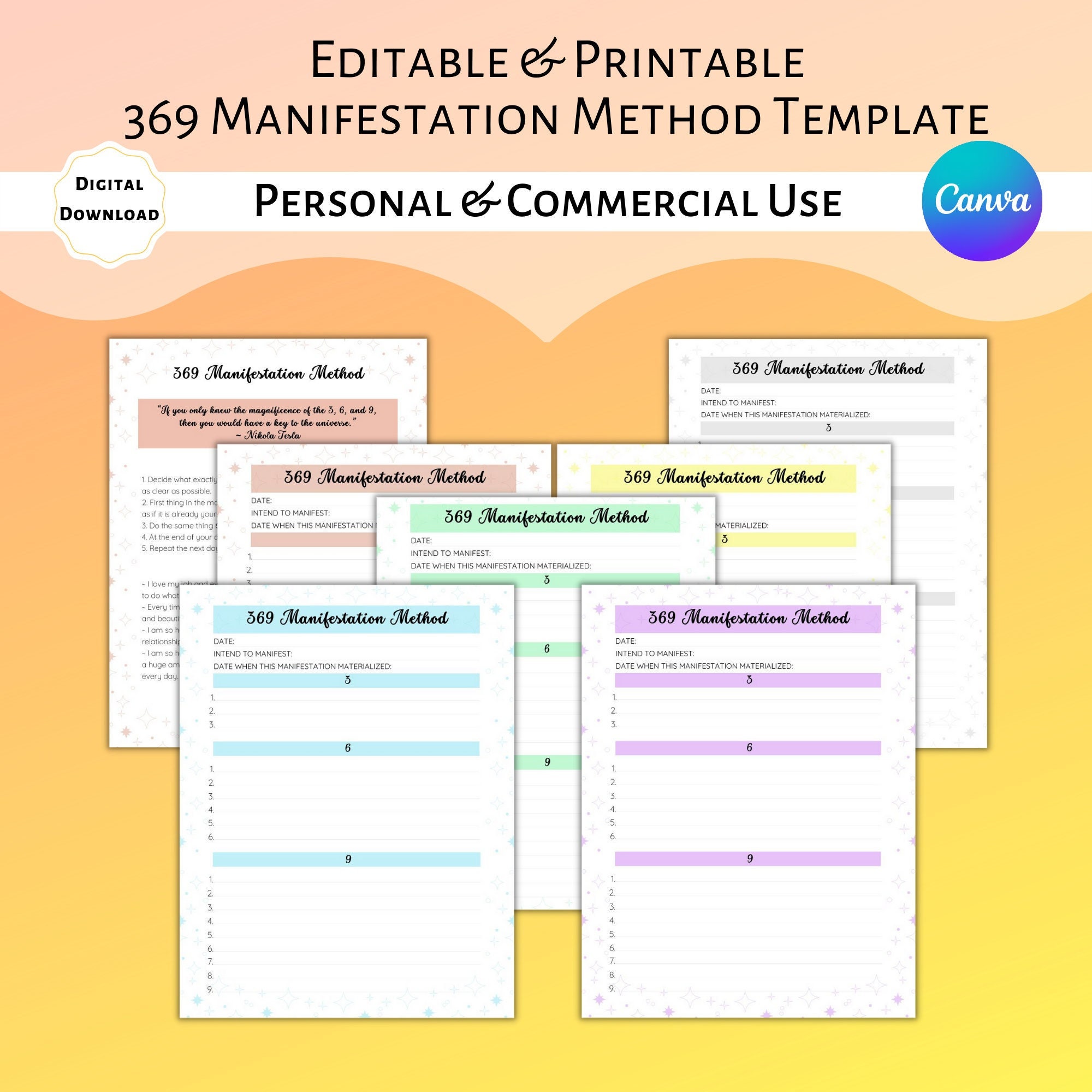 Editable & Printable 369 Method Template | Canva Template | Commercial ...
