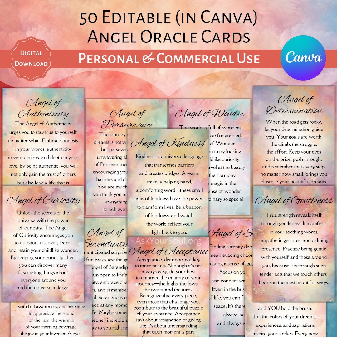 50 Editable Angel Oracle Cards Colorful Canva Template Commercial and ...