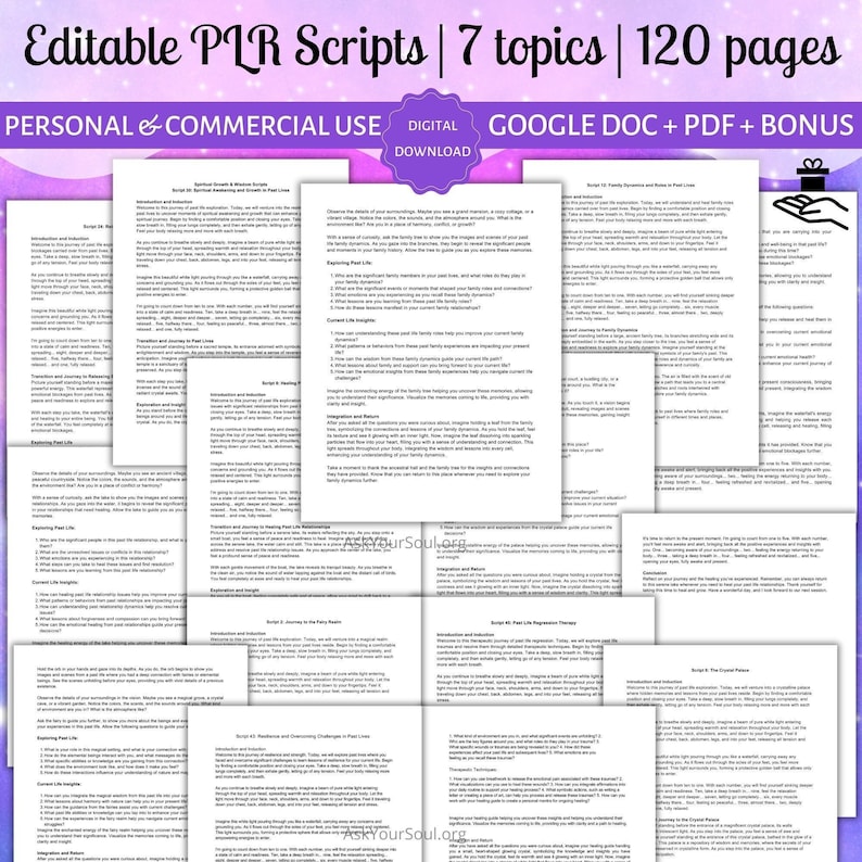 May include: A collage of colorful pages with text about self-reflection and journaling prompts. The pages are titled "Spiritual Growth & Shadow Work", "Family Dynamics", "Journey to Forgiveness", "Resilience & Overcoming Challenges", "Past Life Regression", "The Soul's Purpose", and "Integration and Future".