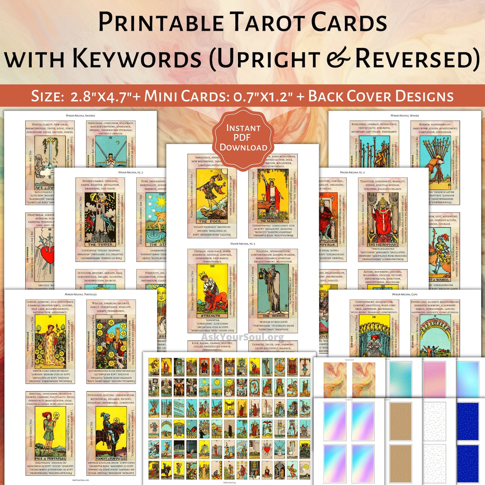 PRINTABLE Rider-waite Tarot Cards With Keywords PDF Upright and ...