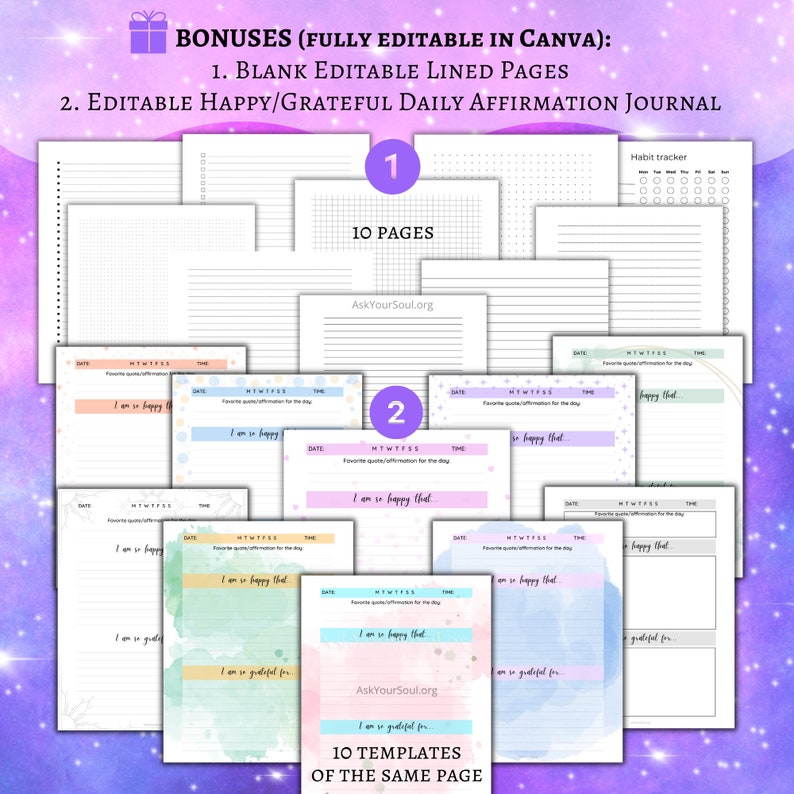 May include: A digital download of 10 printable journal pages for daily affirmations. The pages feature a watercolor background with the text "I am so happy that..." and "I am so grateful for..." The pages are fully editable in Canva.