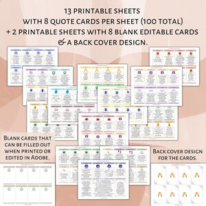May include: Printable quote cards with 13 sheets of 8 cards each, totaling 100 cards.  The cards feature colorful designs and inspirational quotes.  Two additional sheets include blank cards for customization.  A back cover design with a gold and white pattern is also included.