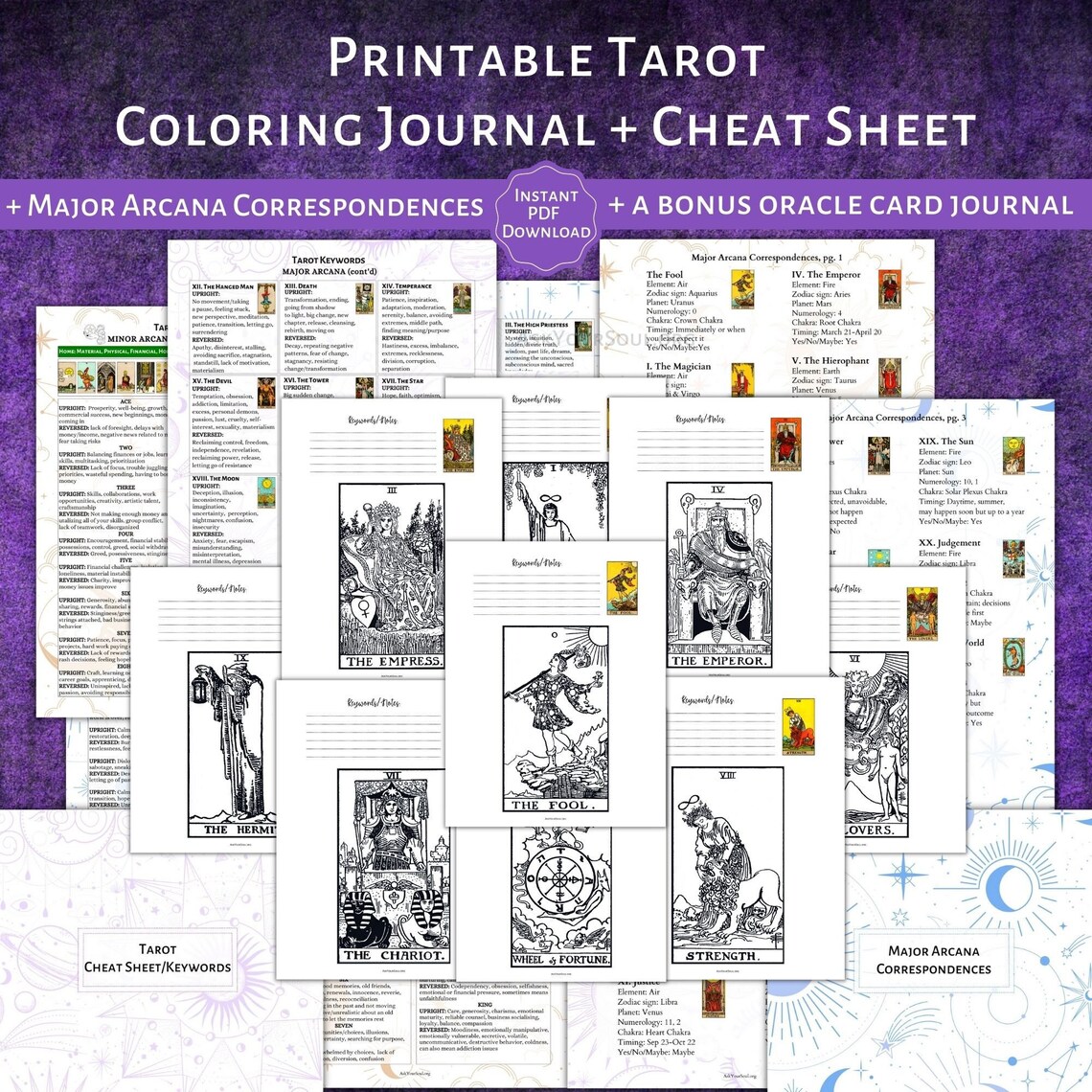 PRINTABLE Rider-waite Tarot Coloring Journal + Cheat Sheet | Adult ...