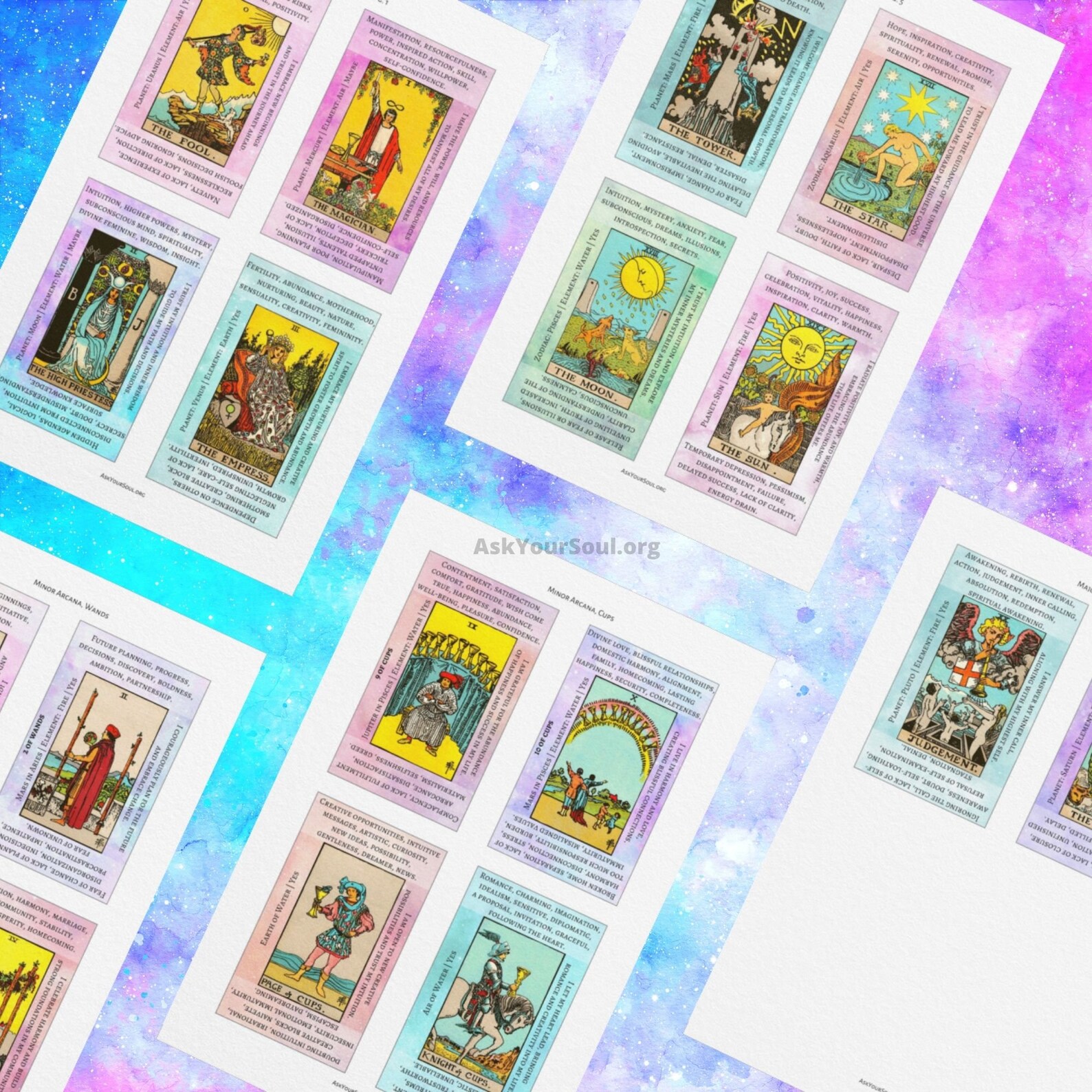 PRINTABLE Rider-waite Tarot Cards With Keywords PDF Galaxy Background ...