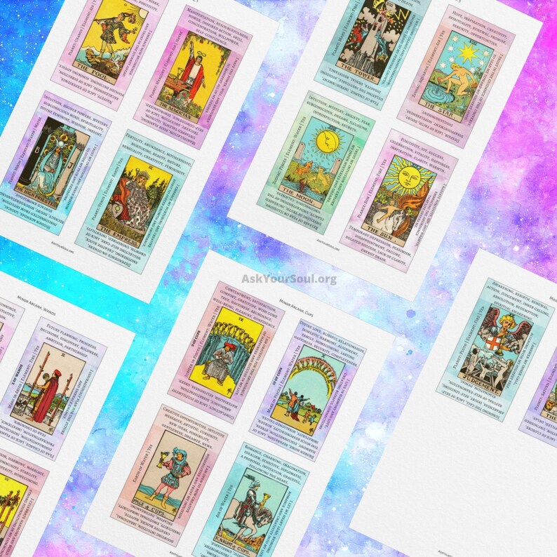 PRINTABLE Rider-waite Tarot Cards With Keywords PDF Galaxy Background Upright and Reversed ...