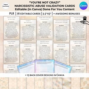 Op de afbeelding: Digitale download van "You're Not Crazy" validatiekaarten voor narcistisch misbruik, bewerkbaar in Canva. Bevat 78 kaarten, 3,5"x5", en bonusontwerpen. Kaarten behandelen trauma, genezing en eigenwaarde.