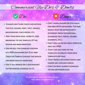 May include: A pink and purple graphic with a checklist of commercial use do's and don'ts for digital products. The checklist includes information about what is allowed and what is not allowed when using a digital product for commercial purposes.