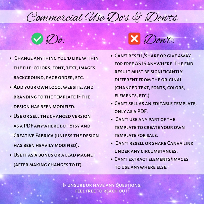 May include: A pink and purple graphic with a checklist of commercial use do's and don'ts for digital products. The checklist includes information about what is allowed and what is not allowed when using a digital product for commercial purposes.