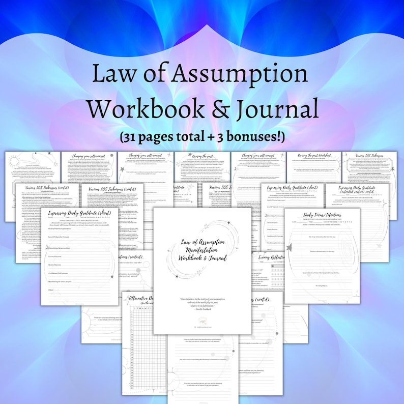 May include: A black and white workbook and journal titled "Law of Assumption Manifestation Workbook & Journal" with a quote from Neville Goddard. The workbook has 31 pages and 3 bonuses.