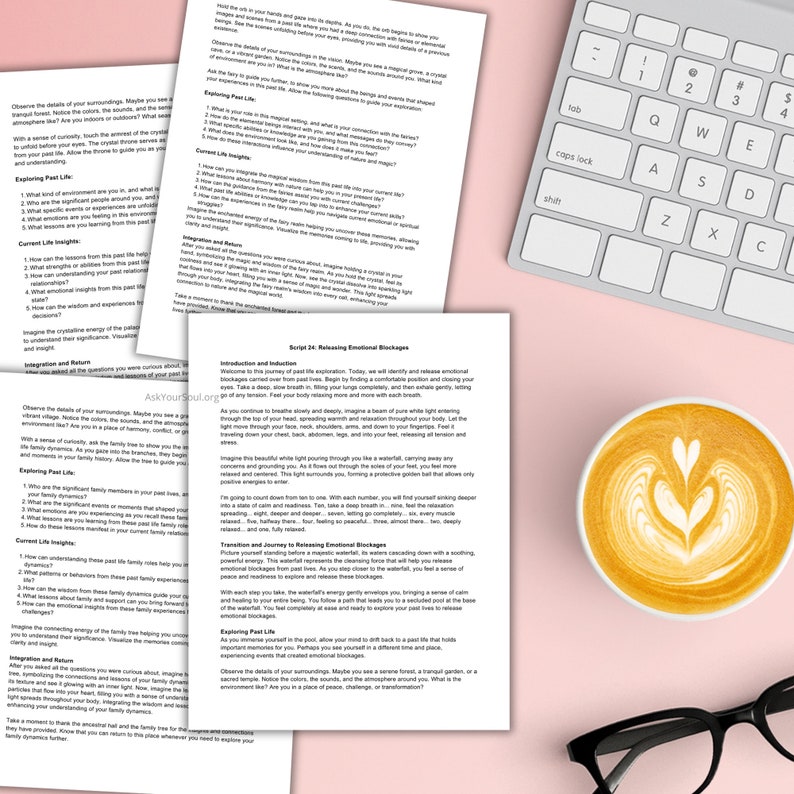 May include: A close-up of a printed page with the title "Script 28: Releasing Emotional Blockages" and text about releasing emotional blockages. The page is on a pink surface with a white keyboard and a cup of coffee.