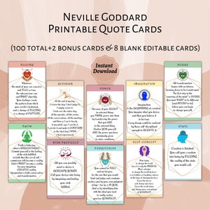 May include: A set of printable quote cards featuring inspirational quotes from Neville Goddard. The cards are designed with a colorful, whimsical aesthetic and include illustrations of eyes, hearts, and other symbolic imagery. The cards are titled with words like "Feeling", "Faith", "Revision", "Power", "Imagination", "Desire", "Wish Fulfilled", "Forgiveness", "Self-Concept", and "State".