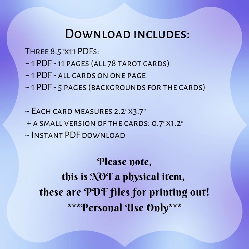 Op de afbeelding: Digitale downloadinformatie op een paarse gradi&euml;ntachtergrond. De tekst beschrijft drie A4 PDF-bestanden, inclusief alle 78 tarotkaarten, een versie op &eacute;&eacute;n pagina en achtergronden. Elke kaart meet 5,6 cm x 9,4 cm, met een kleine versie van 1,8 cm x 3 cm.