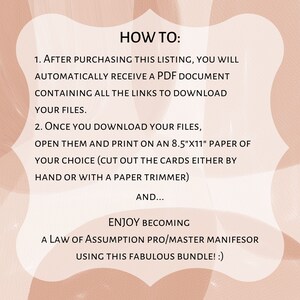 May include: A pink and white graphic with the text "HOW TO:" followed by instructions on how to download and print a PDF document. The text also says "ENJOY BECOMING A LAW OF ASSUMPTION PRO/MASTER MANIFESOR USING THIS FABULOUS BUNDLE! :)"