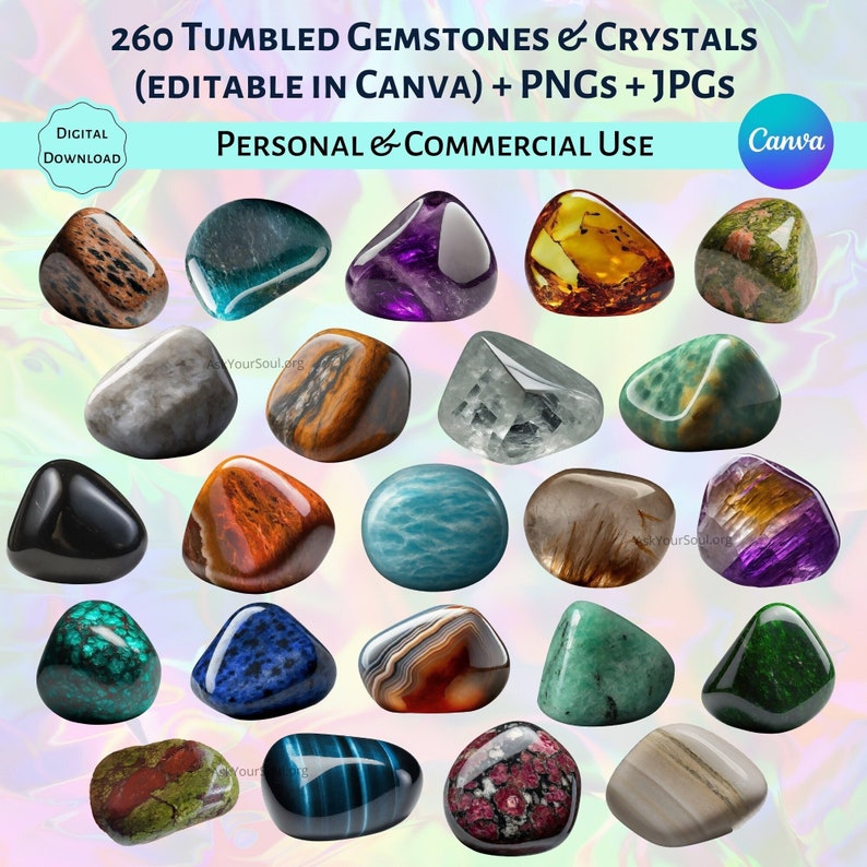 260 Digital & Editable Tumbled Gemstones and Crystals Photorealistic ...