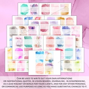 Peut inclure: Un ensemble de 24 cartes aquarell&eacute;es imprimables avec des espaces vierges pour &eacute;crire des affirmations, des citations ou d'autres textes. Les cartes pr&eacute;sentent une vari&eacute;t&eacute; de couleurs pastel douces et de motifs abstraits &agrave; l'aquarelle.
