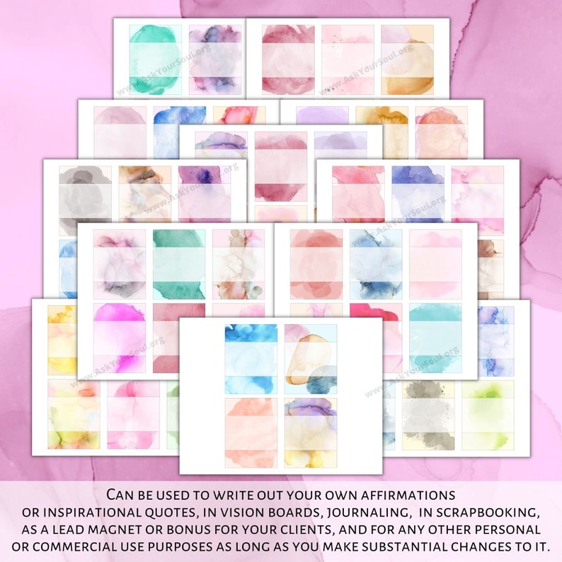 Peut inclure: Un ensemble de 24 cartes aquarell&eacute;es imprimables avec des espaces vierges pour &eacute;crire des affirmations, des citations ou d'autres textes. Les cartes pr&eacute;sentent une vari&eacute;t&eacute; de couleurs pastel douces et de motifs abstraits &agrave; l'aquarelle.