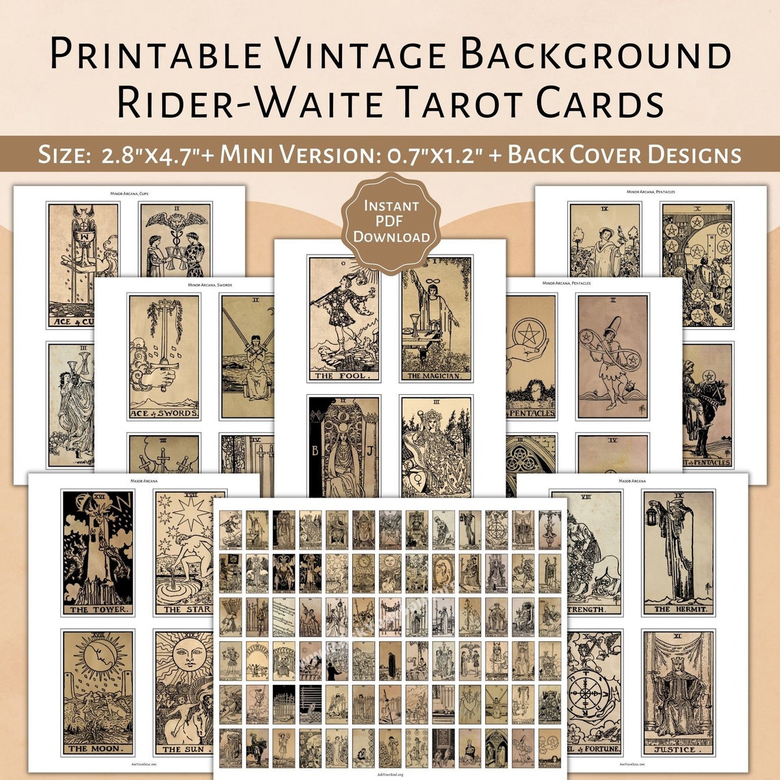 PRINTABLE Rider-waite Tarot Cards vintage Background Printable Card Deck PDF Tarot Mini-version ...