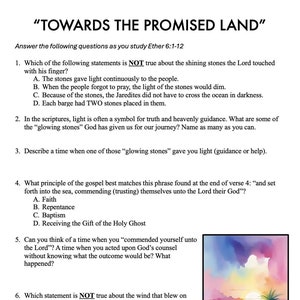 Può includere: Un foglio di lavoro con domande a scelta multipla sul Libro di Etere nel Libro di Mormon. Le domande riguardano le pietre scintillanti, il vento e il principio del Vangelo. Il foglio di lavoro è accompagnato da un'illustrazione colorata di un tramonto su una spiaggia.