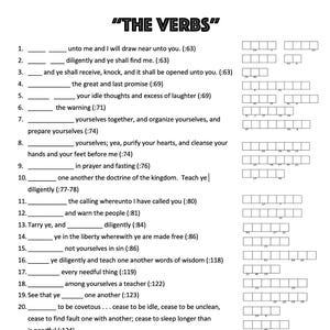 May include: A black and white worksheet titled "THE VERBS" with numbered fill-in-the-blank questions. The text is in a clear, readable font, and there are blank boxes for answers.
