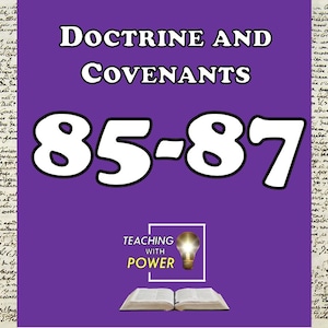 Peut inclure: Un graphique violet avec le texte "Doctrine et Alliances" et les chiffres "85-87" en blanc. En dessous se trouve le texte "Enseigner avec Pouvoir" et une image d'une ampoule. Un livre ouvert est en bas.