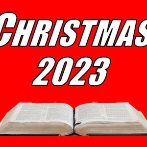 May include: A red background with the text "CHRISTMAS 2023" in white bold letters. An open book with white pages is in the bottom center of the image.