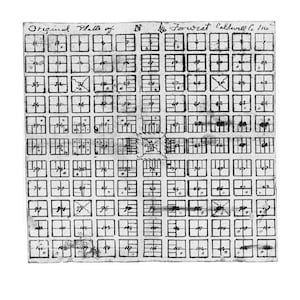 Puede incluir: Un mapa en blanco y negro, envejecido, titulado "Original Platta of N Forwest Caldwell &c 116". El mapa está dividido en numerosos cuadrados pequeños numerados, algunos con marcas y líneas adicionales. El papel tiene un aspecto desgastado y envejecido.
