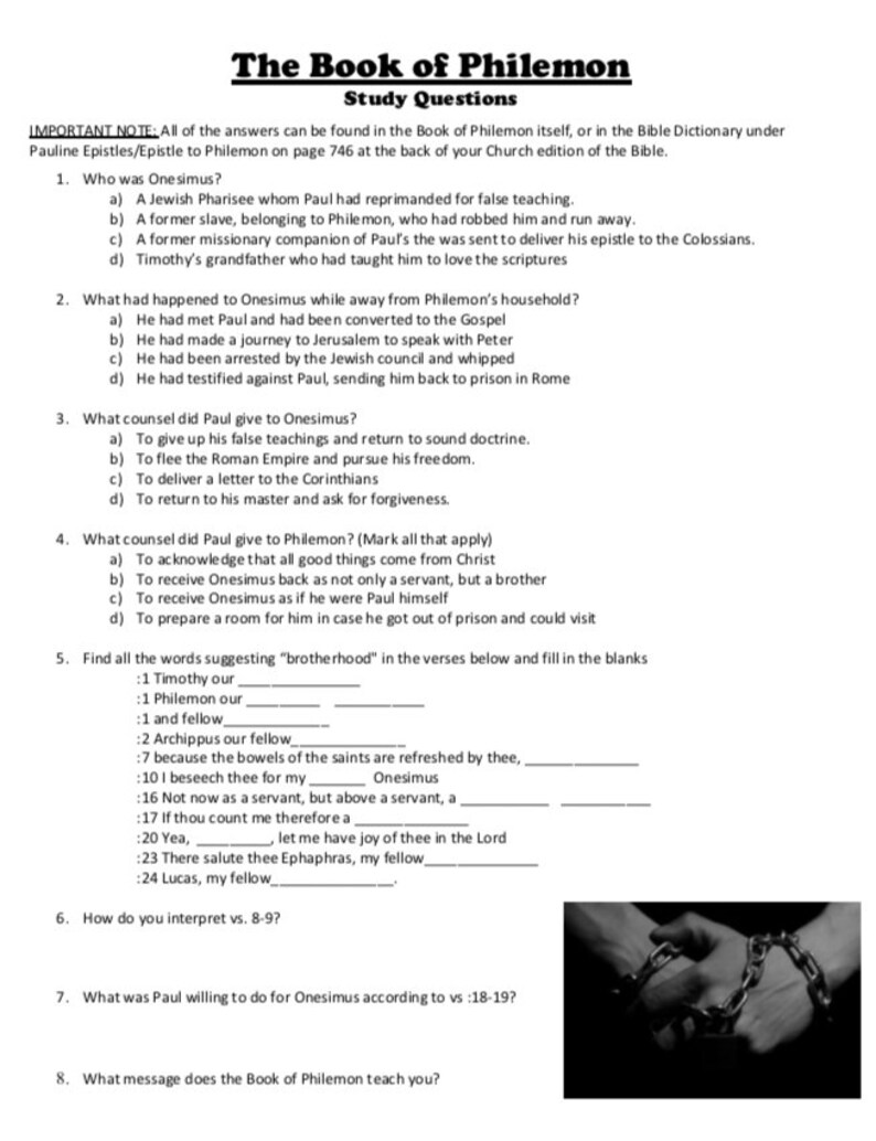 Philemon Study Questions Handout Etsy