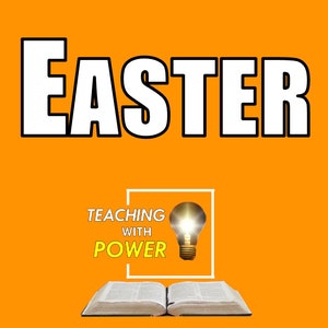 May include: A white text graphic on an orange background reads "EASTER". Below the text is a white frame with a light bulb inside. The text "TEACHING WITH POWER" is inside the frame. A closed book is below the frame.