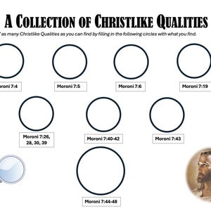 May include: A black and white worksheet with the title "A Collection of Christlike Qualities". The worksheet has eight circles with scripture references from the Book of Mormon, Moroni 7, and a picture of Jesus Christ.