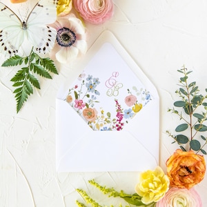Digital Watercolor Wildflower Envelope Liner with Monogram, Digital Envelope Liner Template, Templett, Garden Wedding Envelope Liner