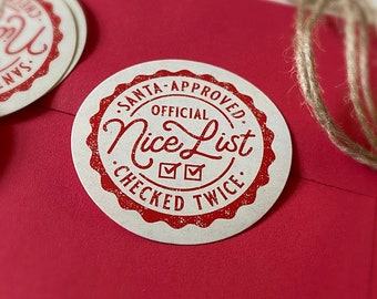 50 2" Nice List Stickers, Santa Approved, envelope seal