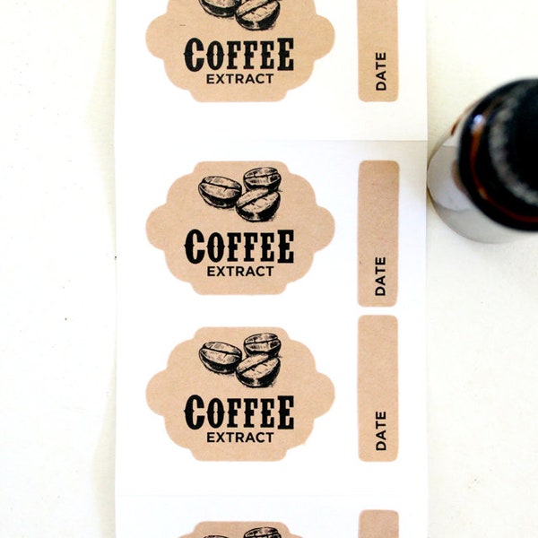 Mini Coffee Extract + Date Labels. 1.5 x 1 Homemade Extract Kraft Stickers. Vanilla Mint Cinnamon Almond Lemon Orange Chocolate Coconut