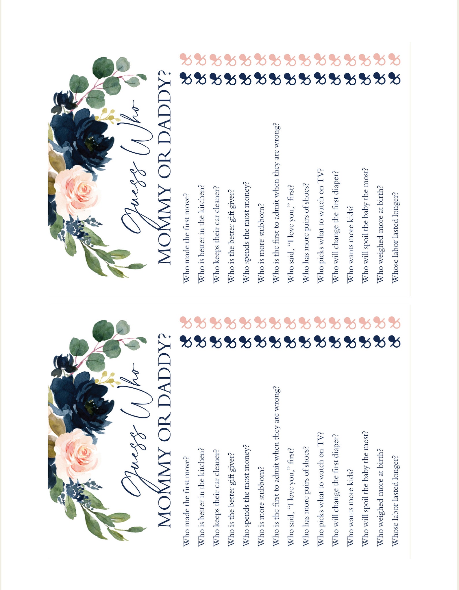 Printable Baby Shower Games. Guess Who Mommy or Daddy Would | Etsy
