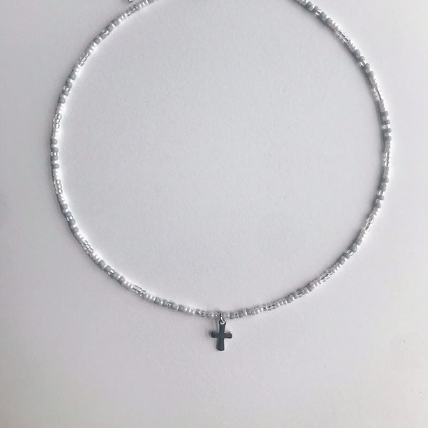 Multicolored Grey Glass Seed Bead Necklace Choker with Cross Charm & Stainless Steel 2 inch Extender Multiple Sizes Avail