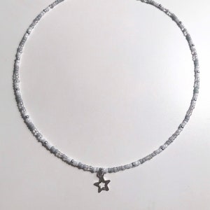 Multicolor Grey Glass Seed Bead Necklace Choker with Star Charm Stainless Steel 2 inch Extender